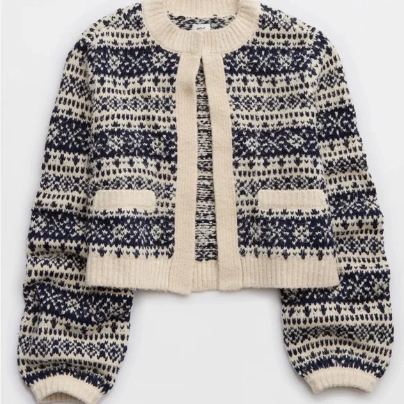 Aerie Chelsea Jacket Women's Navy and Cream Fair Isle Sweater size XL - Picture 3 of 6